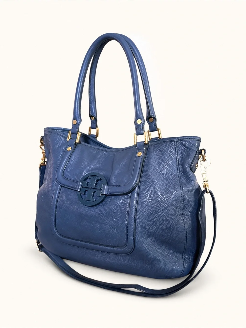 Tory Burch Amanda Classic Handle Blue Leather Hobo Crossbody Bag